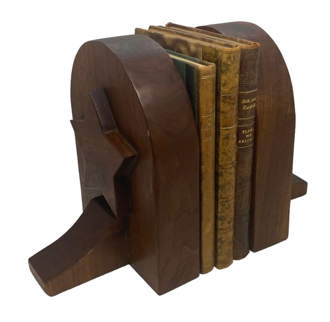 Mid 20th Century Rustic Handcrafted Mahogany Bookends With Star Motif - A Pair - 8
