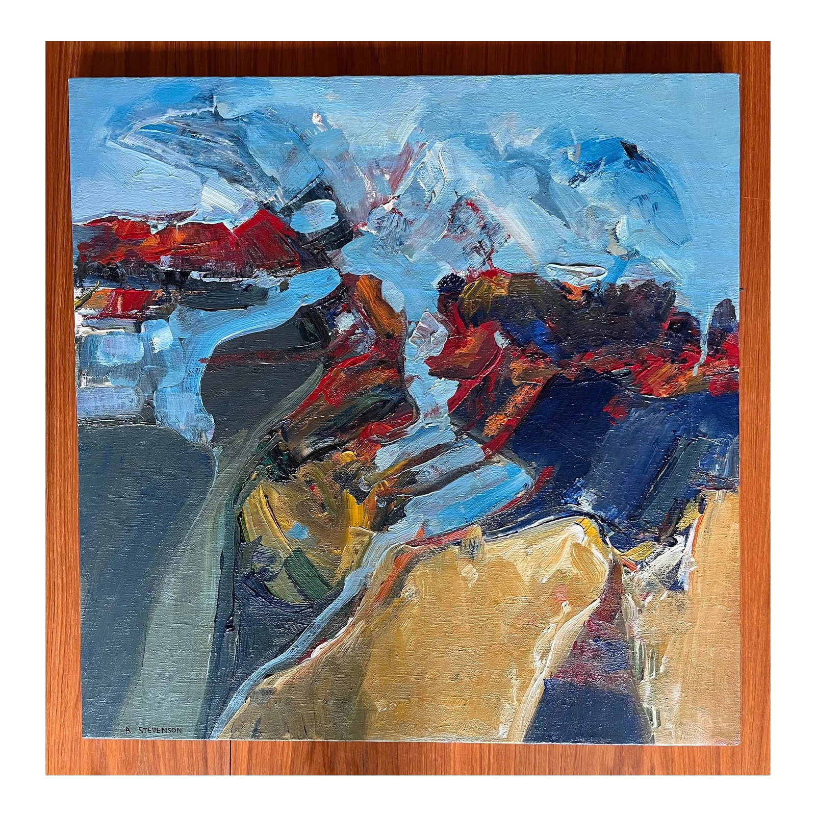 Modern Abrtract Oil and Gesso Painting on Canvas by Ann Stevenson: Vintage mid century oil and gesso on canvas abstract painting signed back and front by Ann Stevenson. Beautiful gestural brush strokes in blues, reds, and yellows. Unframed. Condition: Alterations:
