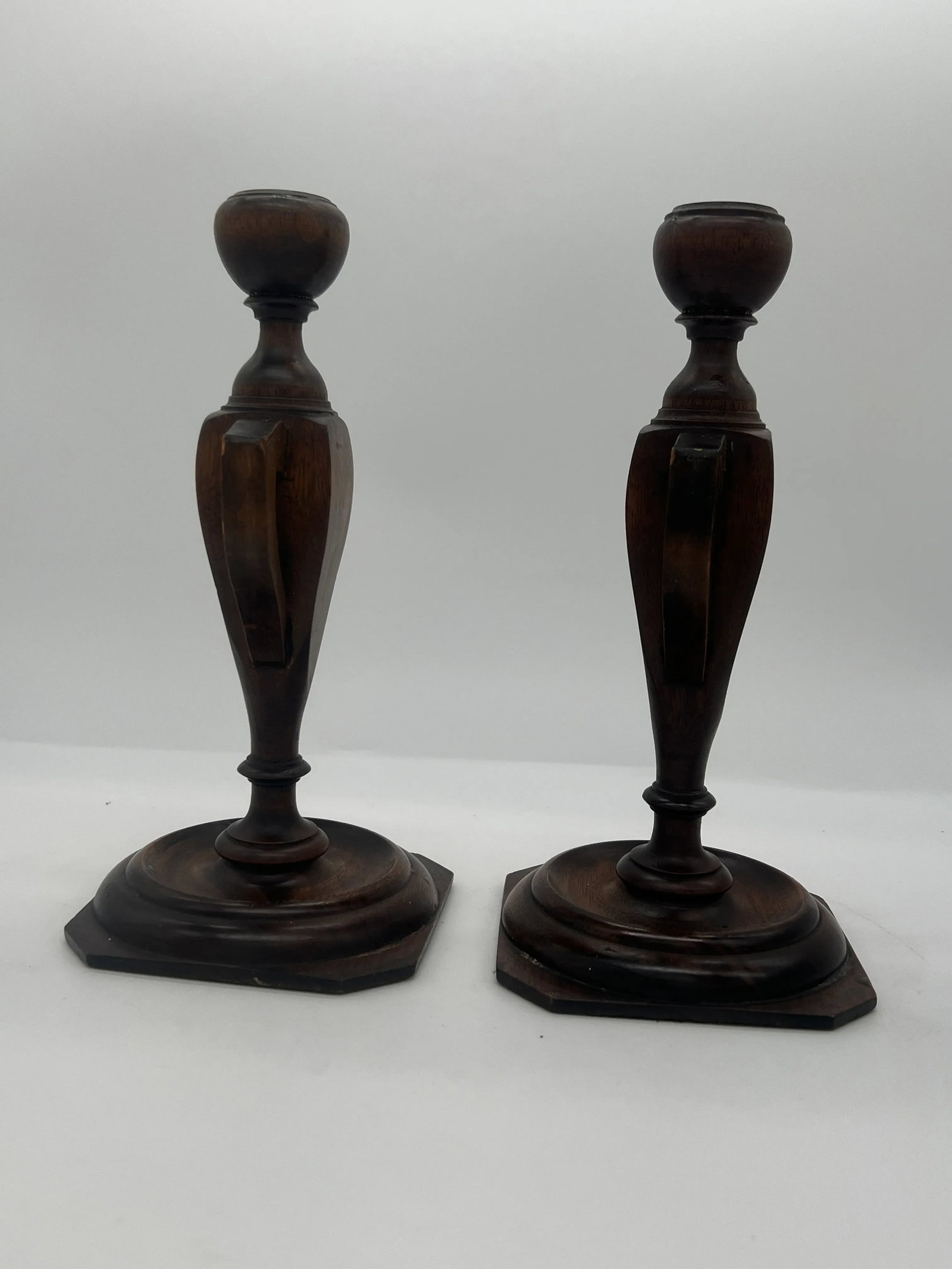 Pair, Arts & Crafts Trophy Urn Form Carved Wood Candlesticks Circa 1910 - 2