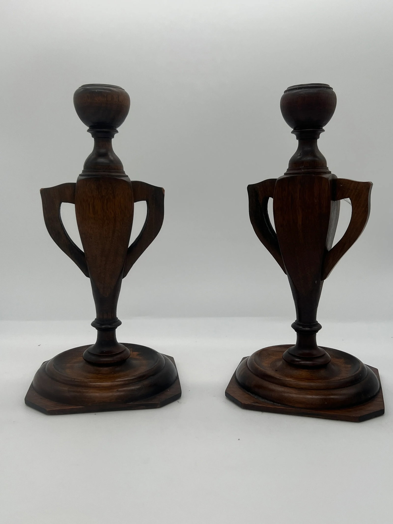 Pair, Arts & Crafts Trophy Urn Form Carved Wood Candlesticks Circa 1910 - 3
