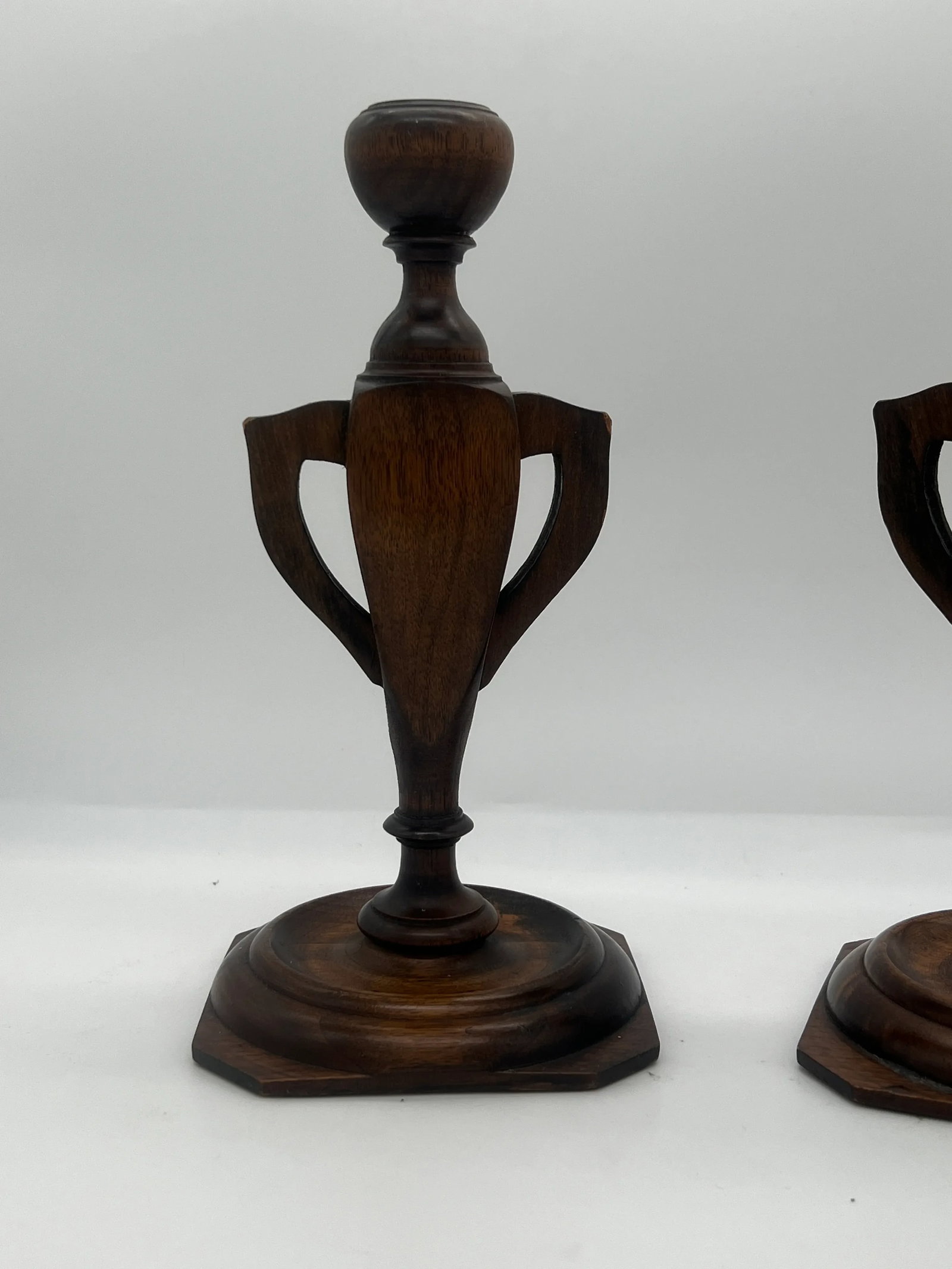 Pair, Arts & Crafts Trophy Urn Form Carved Wood Candlesticks Circa 1910 - 5