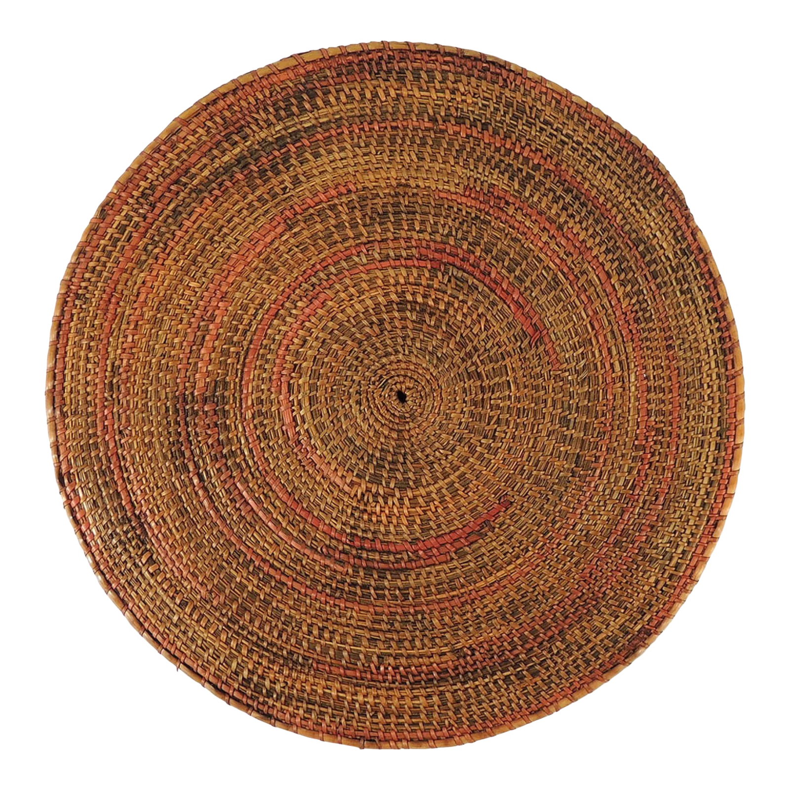 Mid 20th Century Tutsi Flat Basket: Flat baskets/lids such as this are among the most exquisite artworks made by the Tutsi or by people of other ethnic groups, including Hutu and Twa people. The Tutsi (Watutsi or Watusi) people live