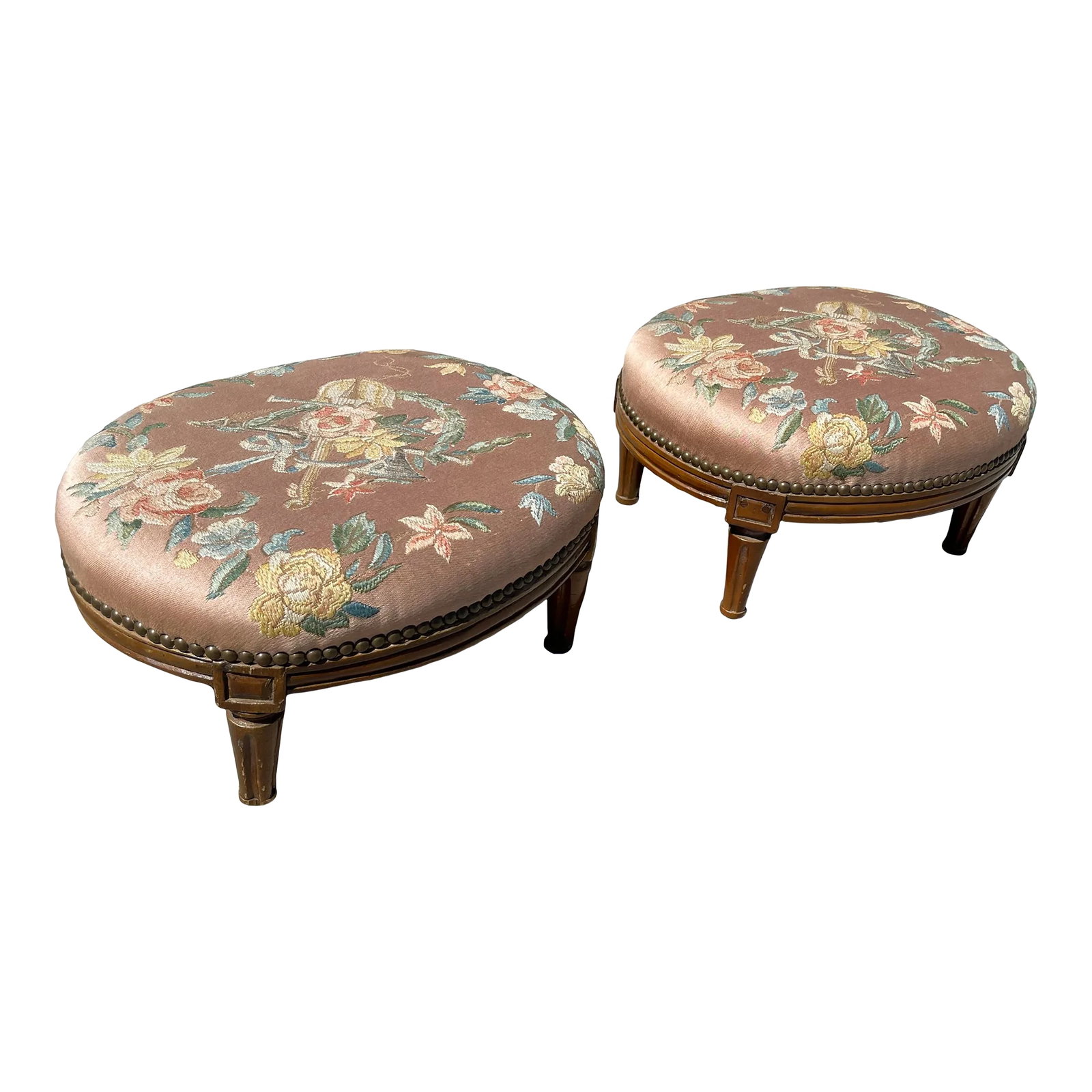 Pair of French Louis XVI Early 20th Century Foot Stools: Nice pr of pink silk footstools A Classical pair nice colour and effect. Condition: Alterations: Original Condition Unaltered Imperfections: Some Imperfections Condition Notes: Good a little stain on 