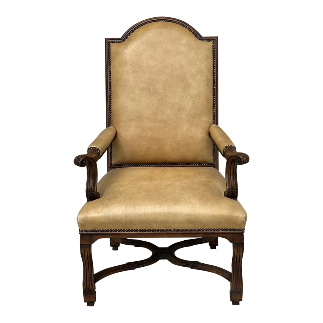 19th Century Louis XIV Style Walnut and Leather Chair: Upholstered in a golden tan color leather with a contrasting fabric upholstered back. This chair also have a nail hand Trim. An Elegant and timeless look. Condition: Alterations: Original Condition Un