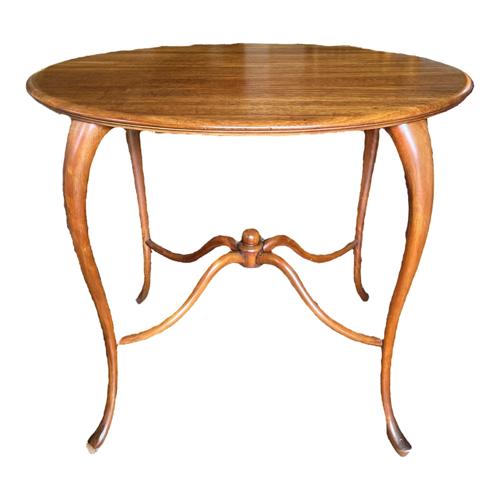 Late 19th Century Oak Oval Accent, Side, Entry, Hall or Tea Table With Cabriole Legs and Ornate Stre: Solid wood table in a restrained Art Nouveau style. The oval top is made from a a single plank of wood, 24" wide and has a rich, polished finish. The table stands on four cabriole legs. The legs are
