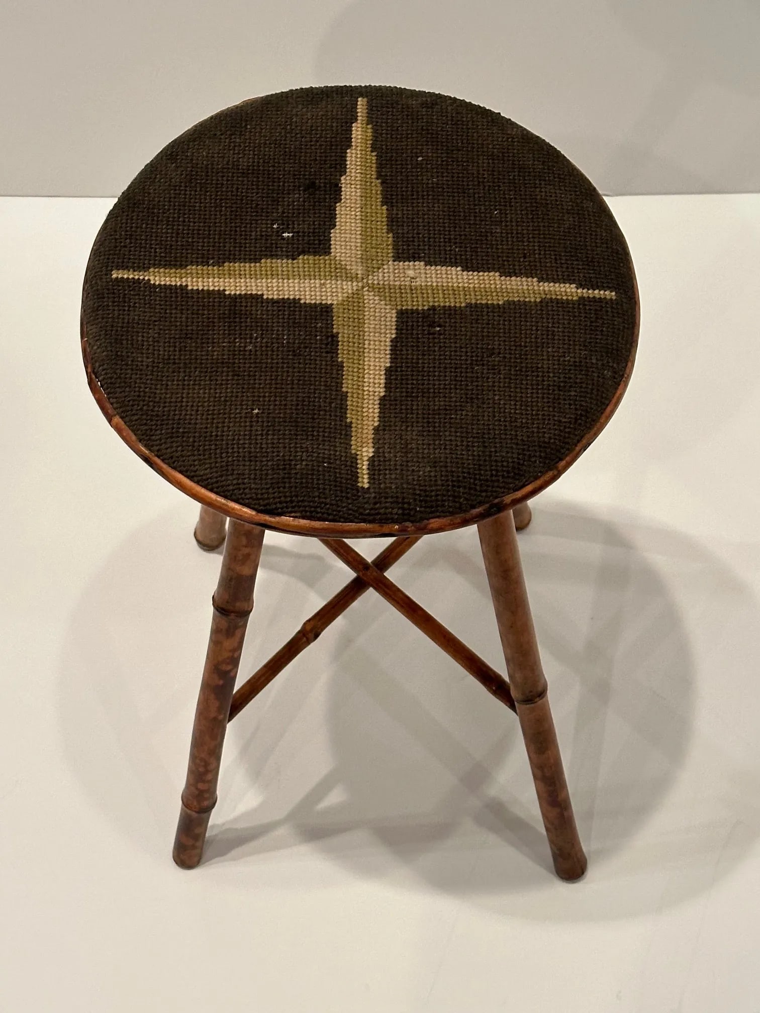 Antique American Bamboo Stool With Original Needlepoint Seat - 2