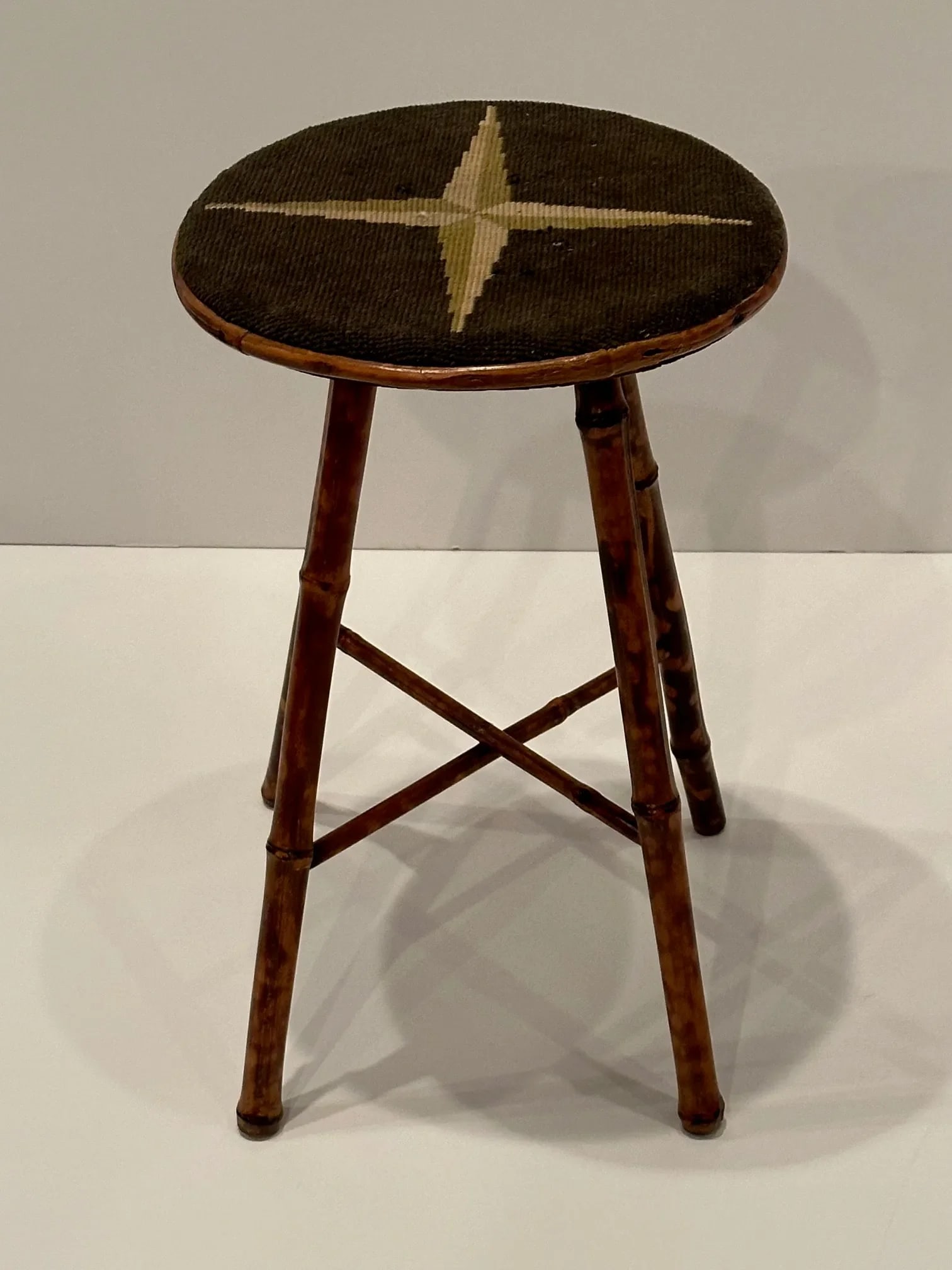 Antique American Bamboo Stool With Original Needlepoint Seat - 4