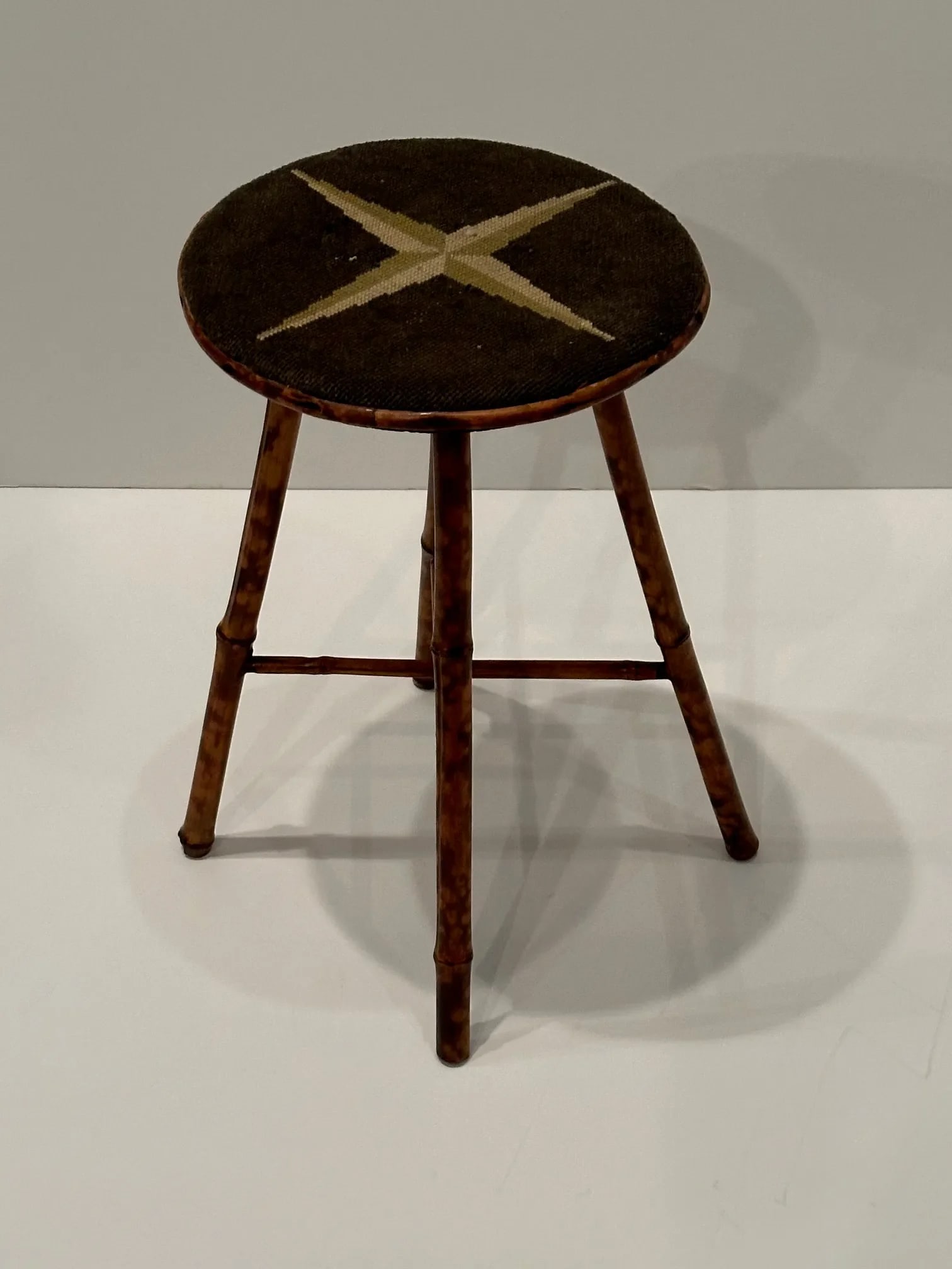 Antique American Bamboo Stool With Original Needlepoint Seat - 5