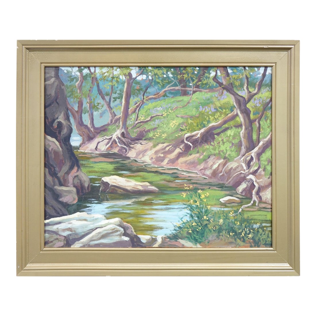 Late 20th Century Original Landscape Oil on Canvas " Stream With Trees & Rocks, Signed,: Original oil on canvas painting, measuring 37" x 30", showcasing a serene stream with vibrant green reflections in the water. Trees with exposed roots line the riverbank, and large rocks rest along th