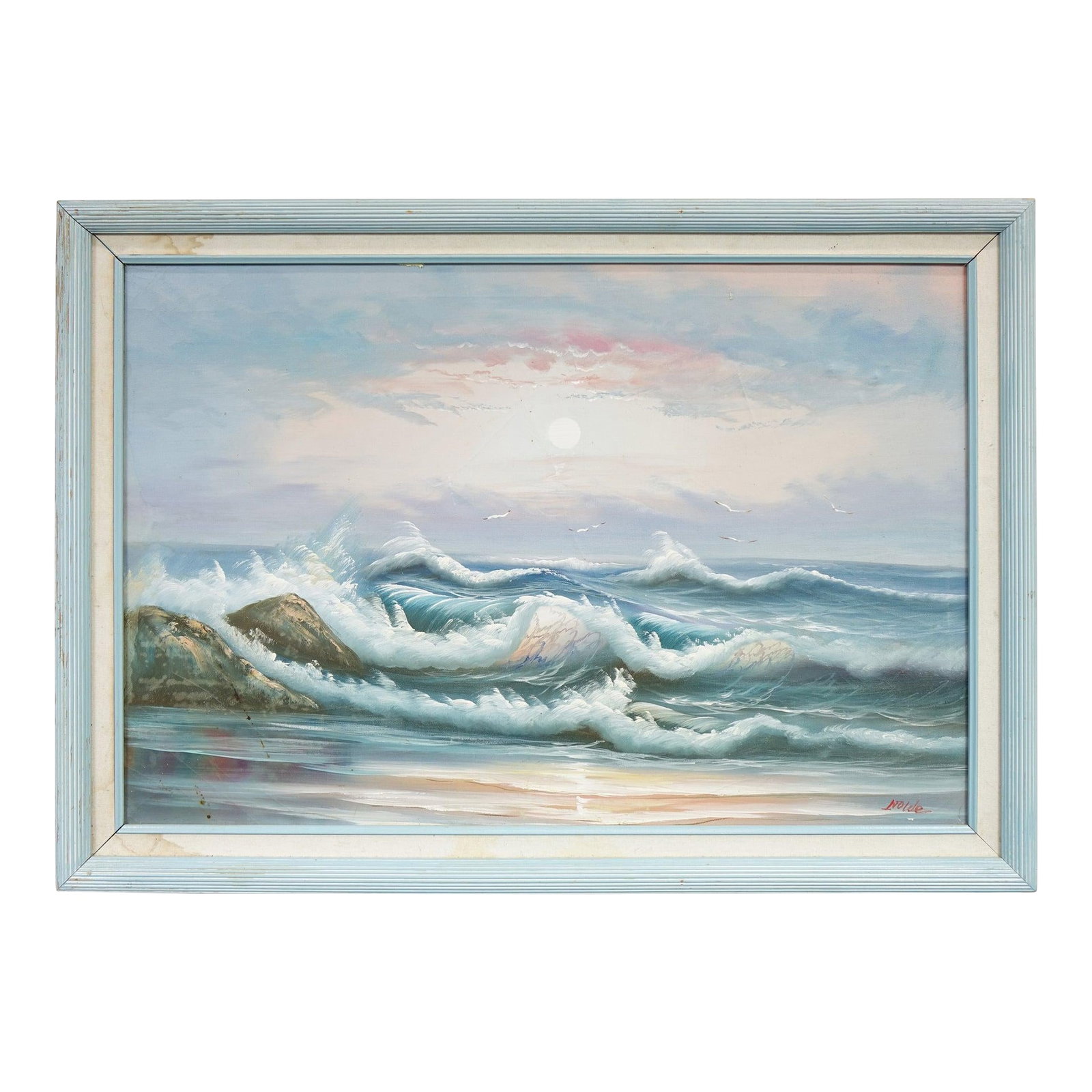 Late 20th Century Original Oceanscape Oil Painting on Canvas - Pastel Sunrise Waves, Signed, Framed (1 of 7)
