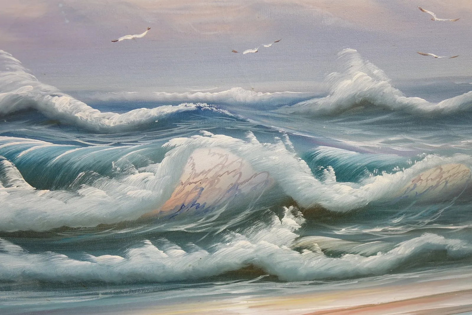 Late 20th Century Original Oceanscape Oil Painting on Canvas - Pastel Sunrise Waves, Signed, Framed - 3