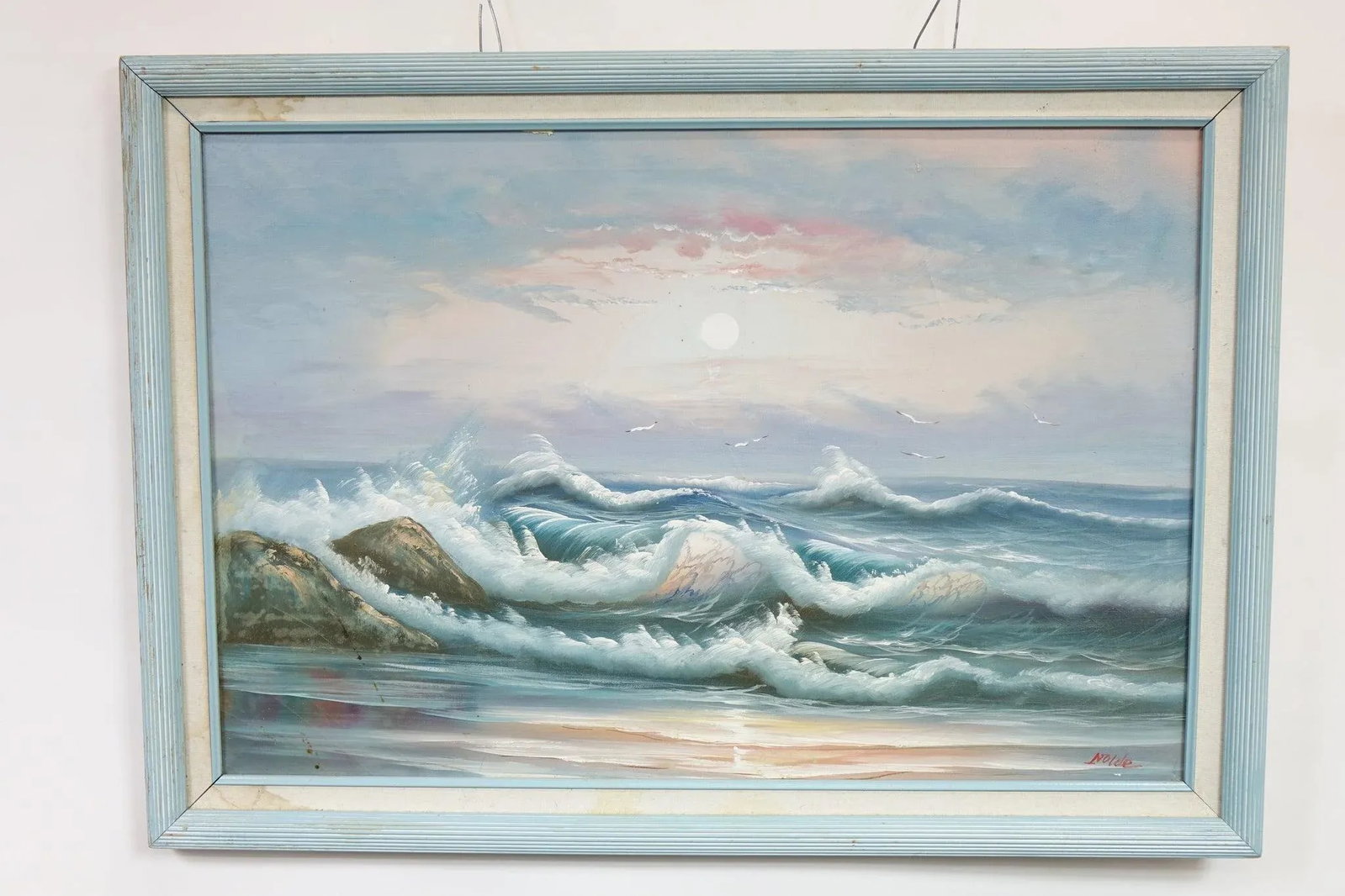 Late 20th Century Original Oceanscape Oil Painting on Canvas - Pastel Sunrise Waves, Signed, Framed - 6