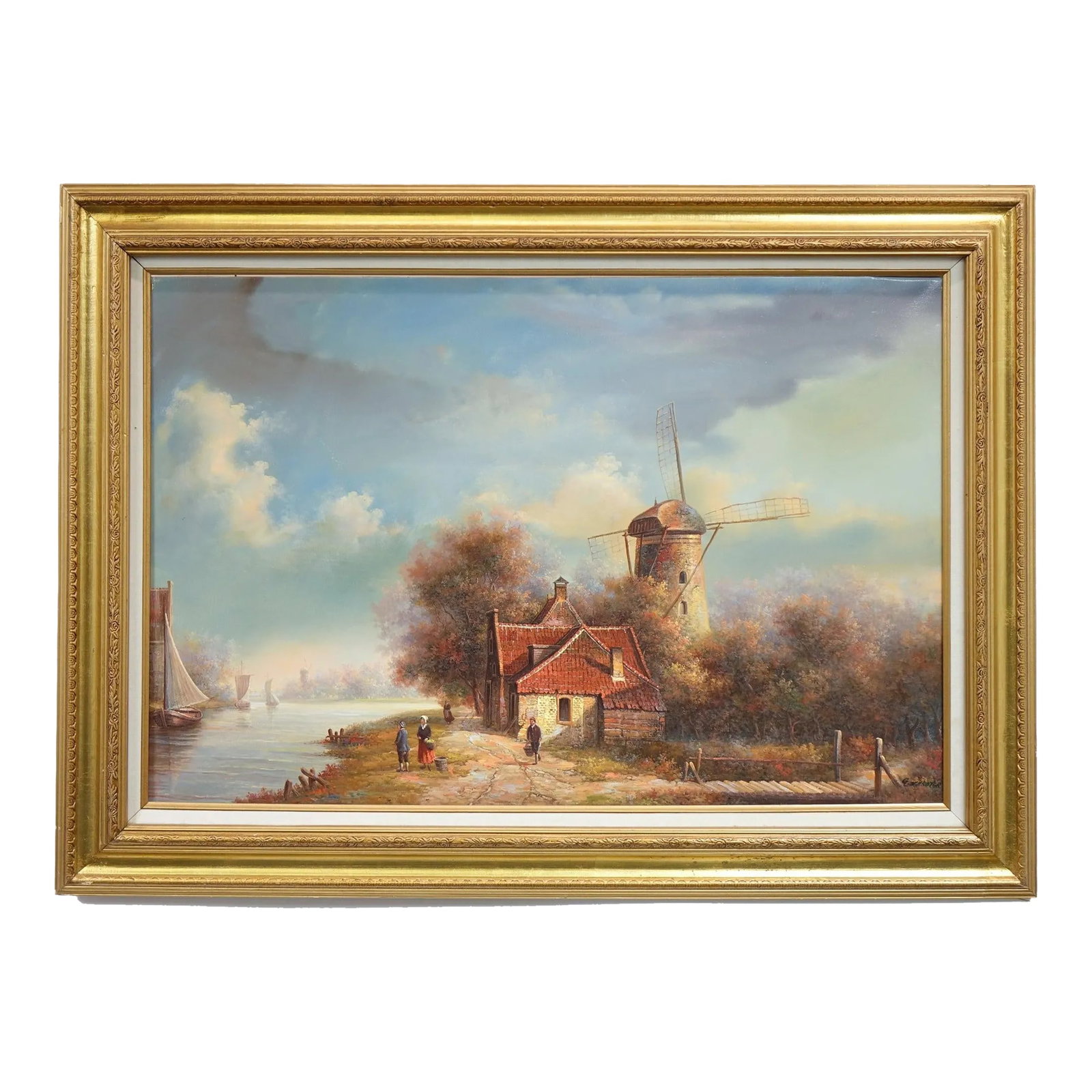 1960s European School Oil on Canvas Signed Original: European School Oil on Canvas, Signed Original - 44" x 32" This exquisite oil painting, attributed to the European School, captures the timeless charm of a serene countryside scene. Measuring an