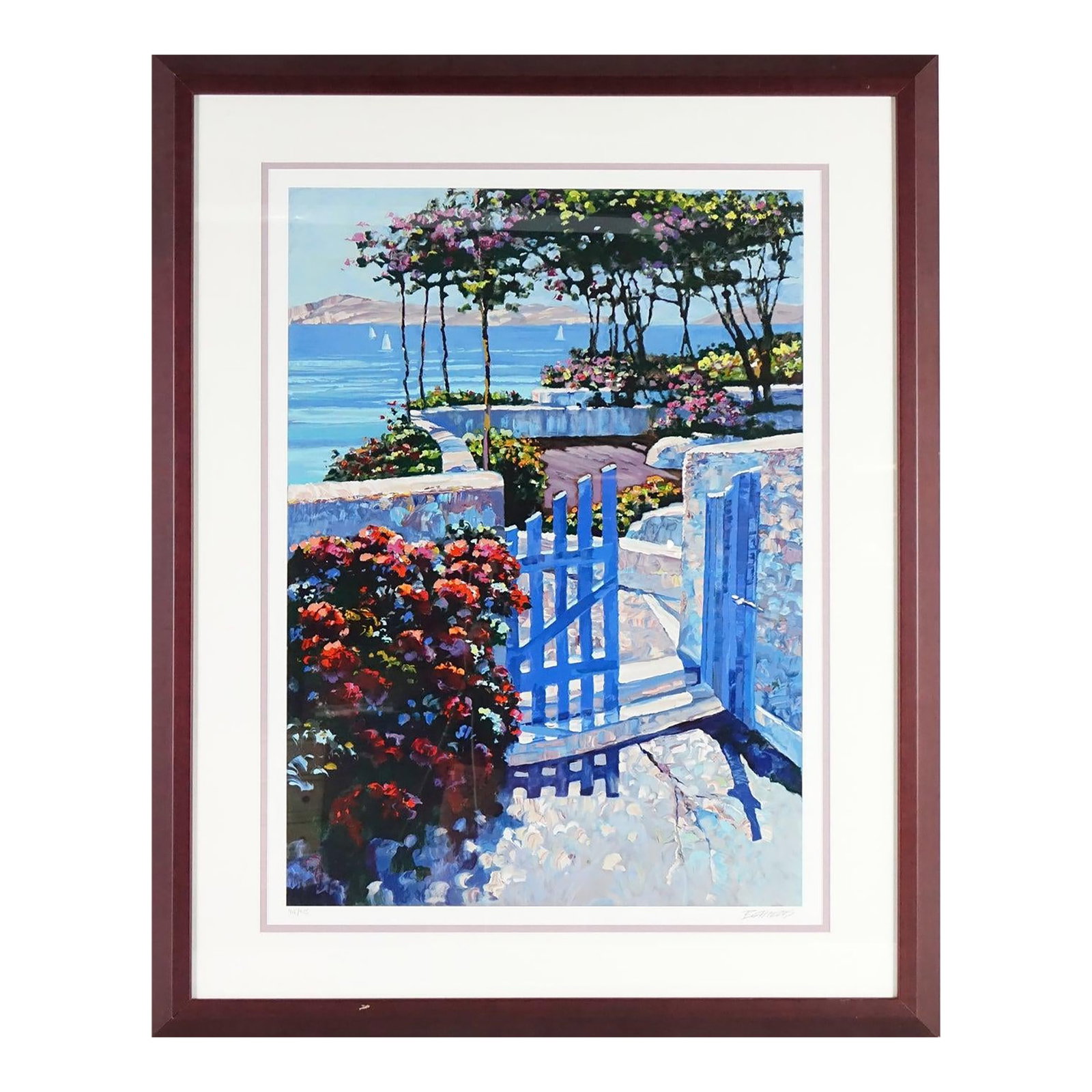 "Blue Gate" by Howard Behrens - Mid 20th Century Lithograph Signed, Framed: This vibrant lithograph titled Blue Gate by the American artist, Howard Behrens, beautifully captures a sun-drenched coastal garden scene, rendered in his signature palette knife style. A vivid blue g