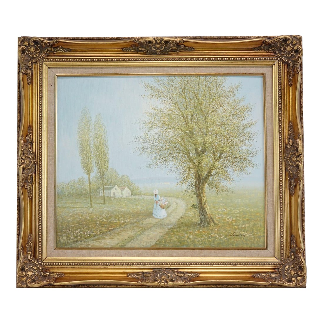 Mid 20th Century Landscape With a Lady Original Oil on Canvas Signed: Landscape with a Lady, Original Oil on Canvas, Signed - 32" x 28" Step into a world of gentle nostalgia with this original oil painting, Landscape with a Lady. Signed by the artist, this serene