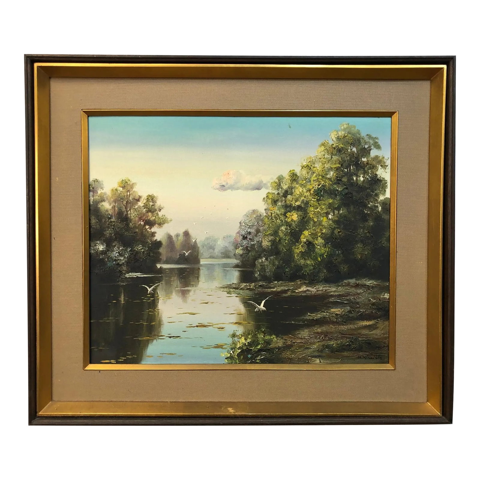"Morning Glimpse Through the Trees" - Early 20th Century Original Oil on Canvas Signed on the Bottom: This captivating original oil painting beautifully captures the serenity of a river landscape bathed in gentle light. Measuring 32" x 27" with its frame, this signed artwork presents a soothing vista