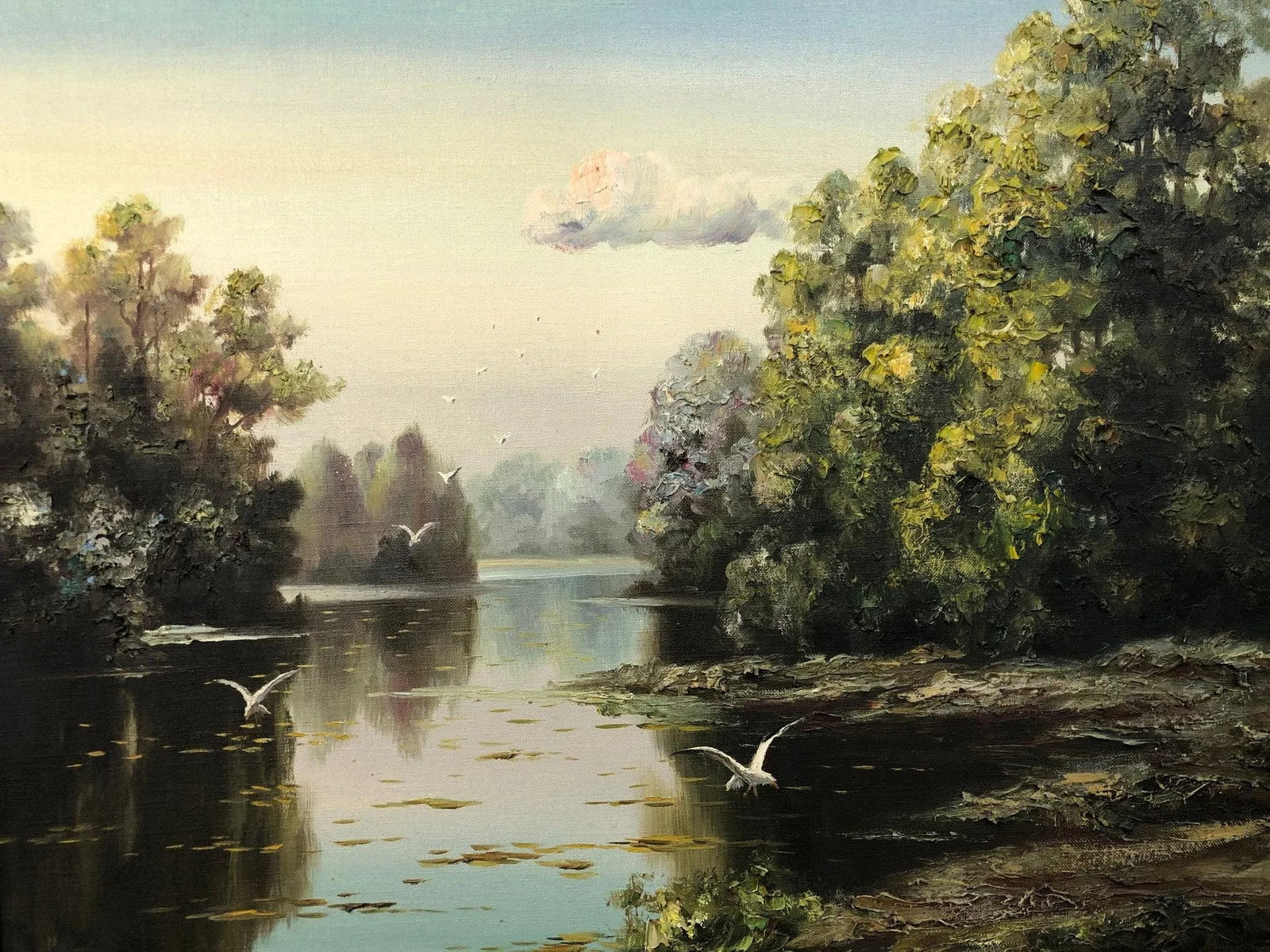 "Morning Glimpse Through the Trees" - Early 20th Century Original Oil on Canvas Signed on the Bottom - 6