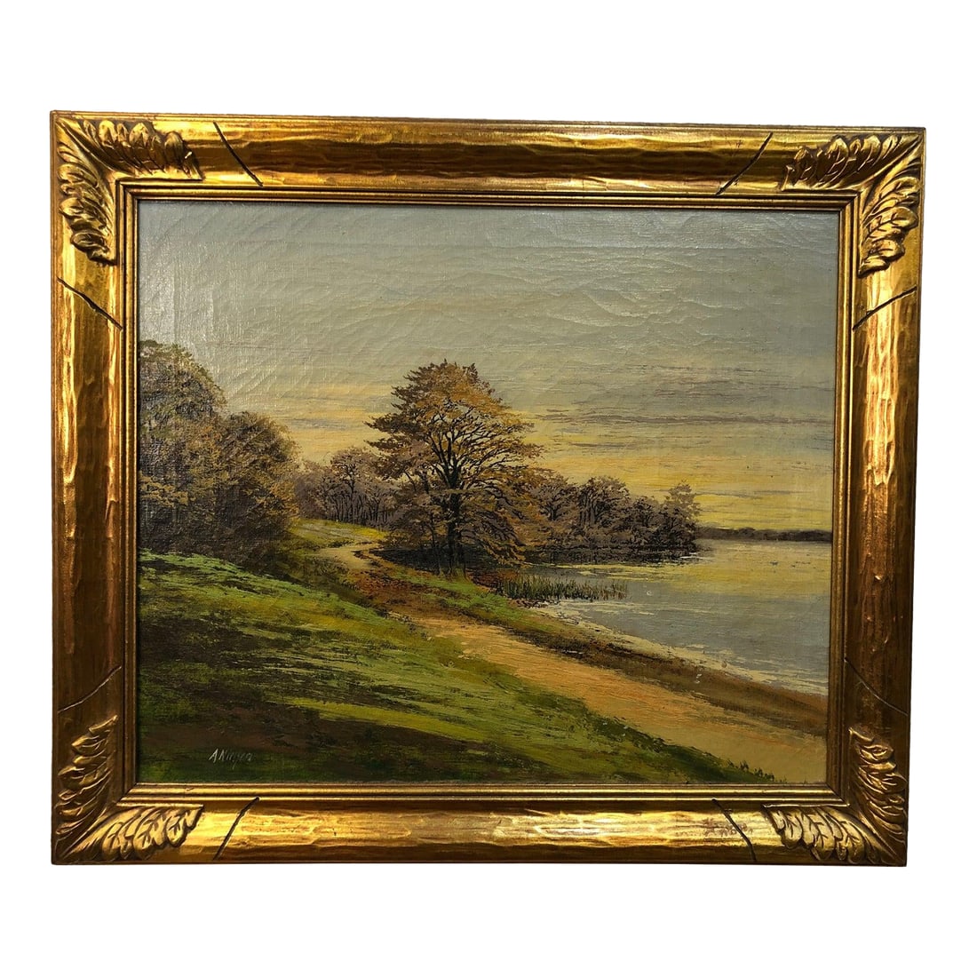 "Twilight Along the River" - Early 20th Century Original Oil on Canvas Signed on the Bottom, Framed (1 of 5)