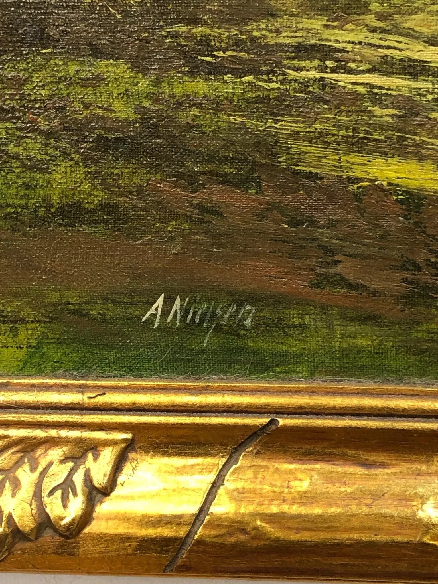 "Twilight Along the River" - Early 20th Century Original Oil on Canvas Signed on the Bottom, Framed - 4