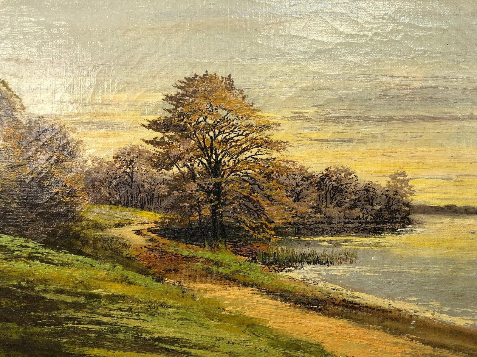 "Twilight Along the River" - Early 20th Century Original Oil on Canvas Signed on the Bottom, Framed - 5