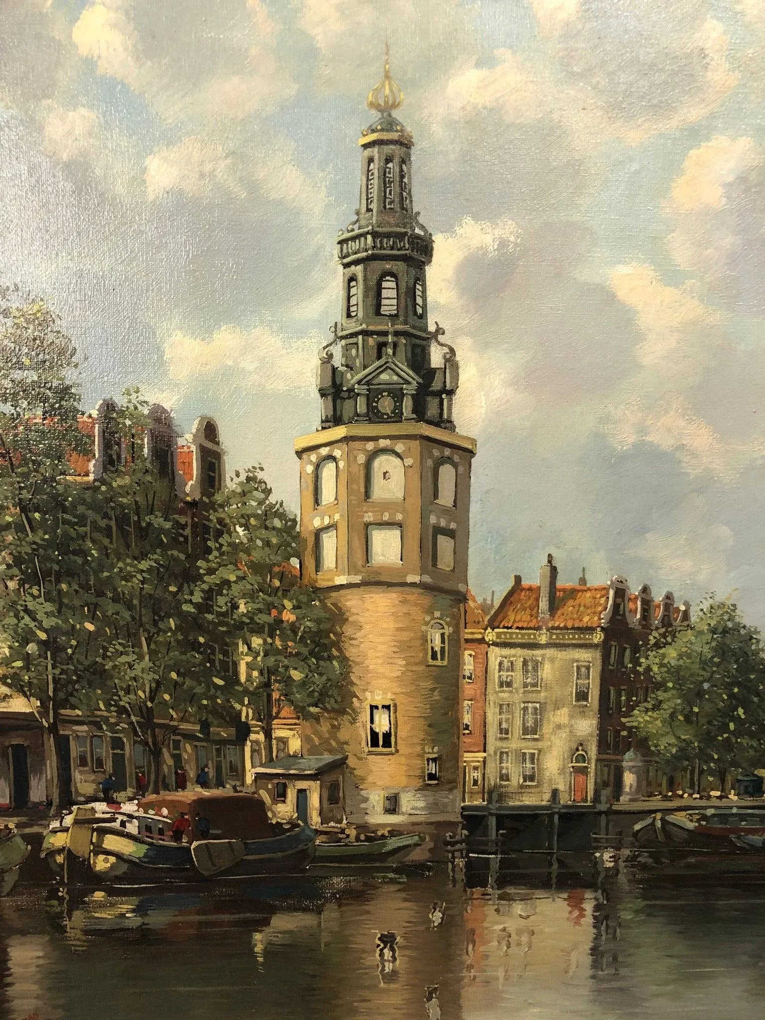 Mid 20th Century European School Clock Tower Antique Original Signed Oil on Canvas - 6
