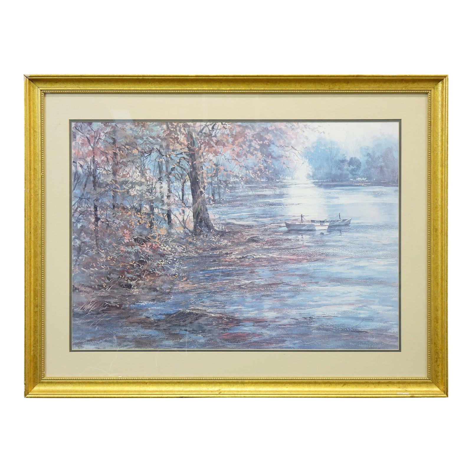 "Morning Light on the Riverbank" - Late 20th Century Watercolor Signed on the Bottom, Framed: This elegant original watercolor captures a tranquil riverside moment awash in soft, luminous tones. Signed by the artist on the bottom, the painting evokes an early morning or late afternoon scene wh
