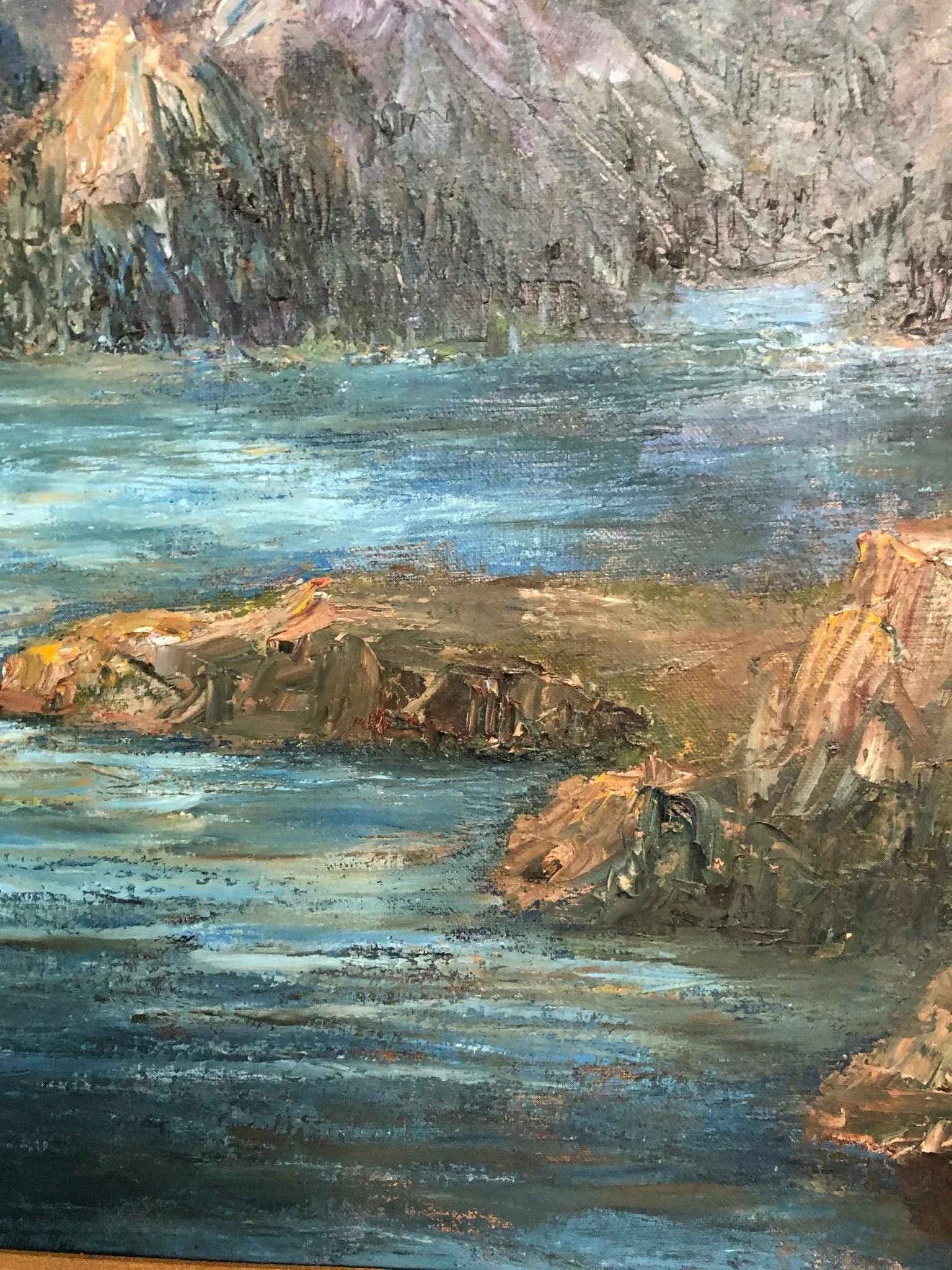 Mid 20th Century River and Mountains - Original Oil on Canvas - 4