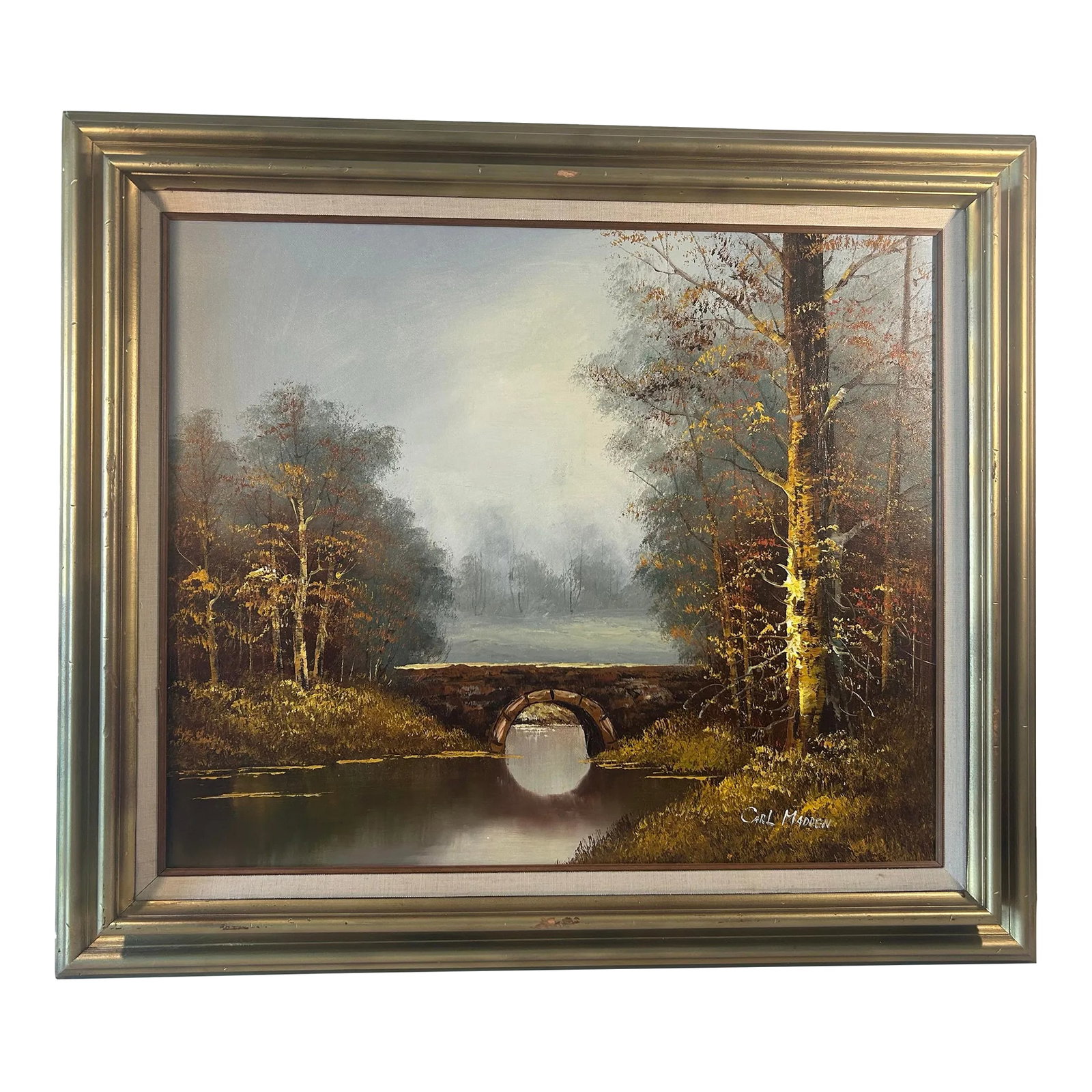 Mid 20th Century Original Carl Madden Oil Painting on Canvas, Framed: Beautiful oil painting on canvas by artist Carl Madden landscape bridge and trees with frame Condition: Alterations: Original Condition Unaltered Imperfections: Some Imperfections Condition Notes: Bea