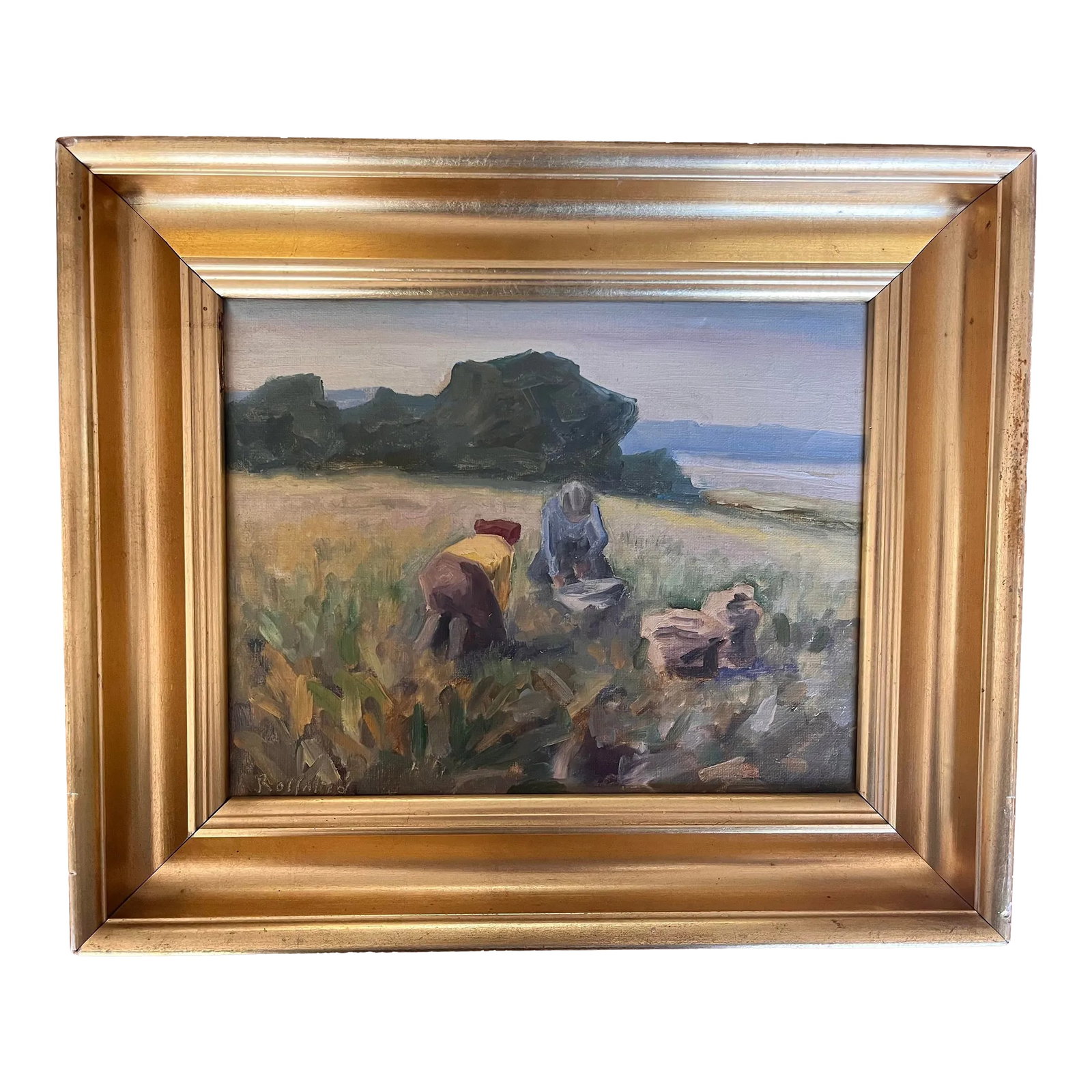 Oil Painting on Canvas of a Harvest Scene: Oil painting on canvas of a scene of gleaners in the field in beautiful muted colors. Gold wood frame. Illegible signature in lower left corner. Sight 9" x 11" Frame 12.5" x 15" x 2.25" Condition: