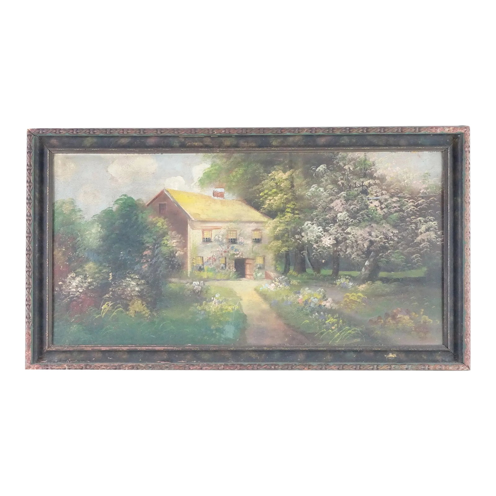 Early 20th Century Antique Cottage Original Oil Painting on Canvas (1 of 6)