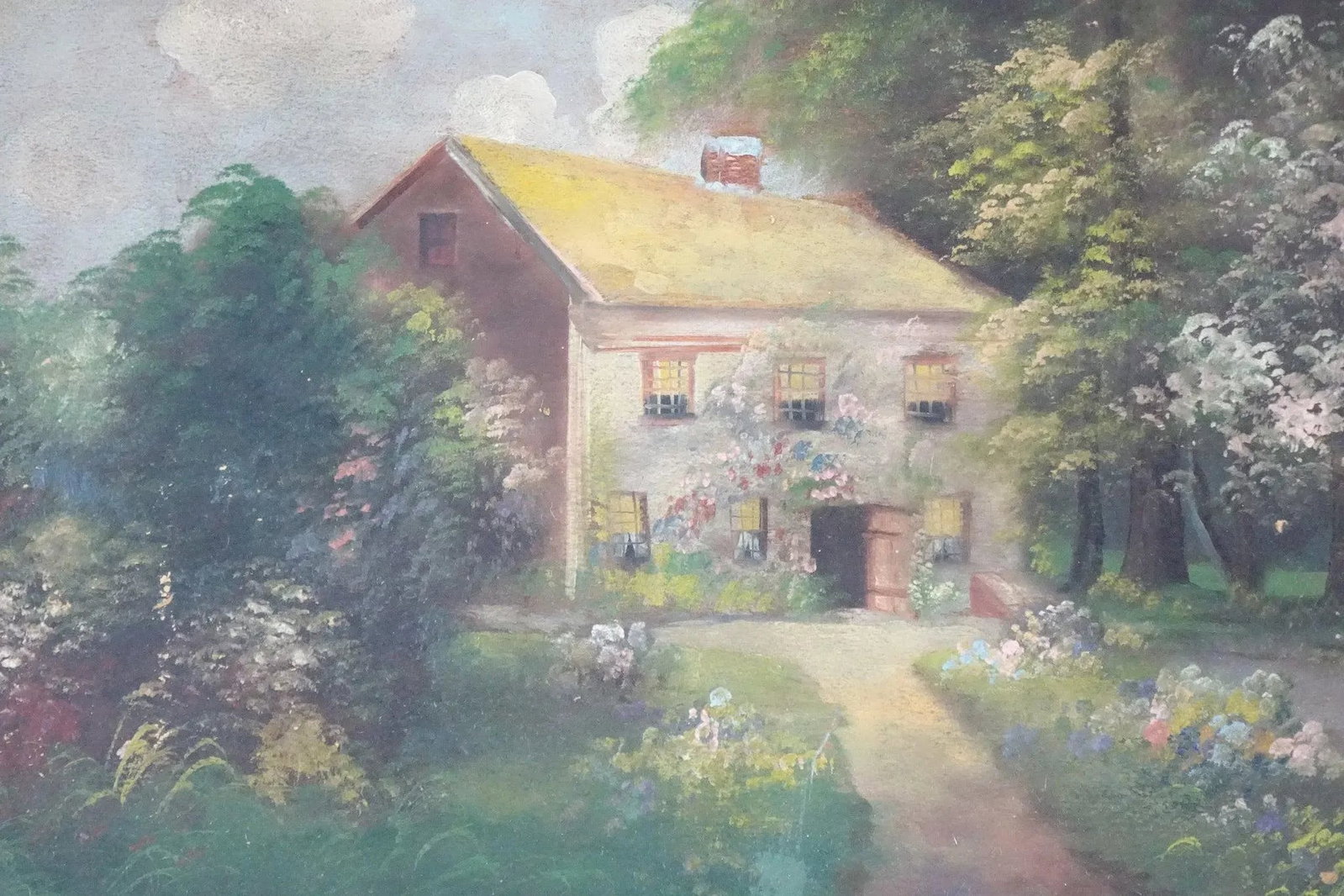 Early 20th Century Antique Cottage Original Oil Painting on Canvas - 6