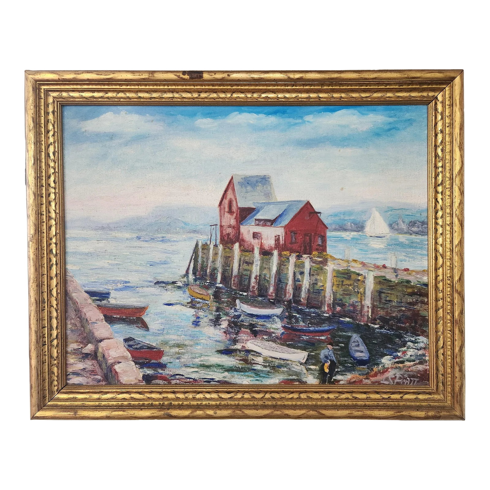 Mid 20th Century Rockport Mass Scenic Harbor Boatyard Framed Painting: Vintage scene of Rockport Mass, Motif #3 famous Fishing Shack Motif #3 of Rockport, Massachusetts is a well-known subject for artists, particularly due to its picturesque qualities and historical sign
