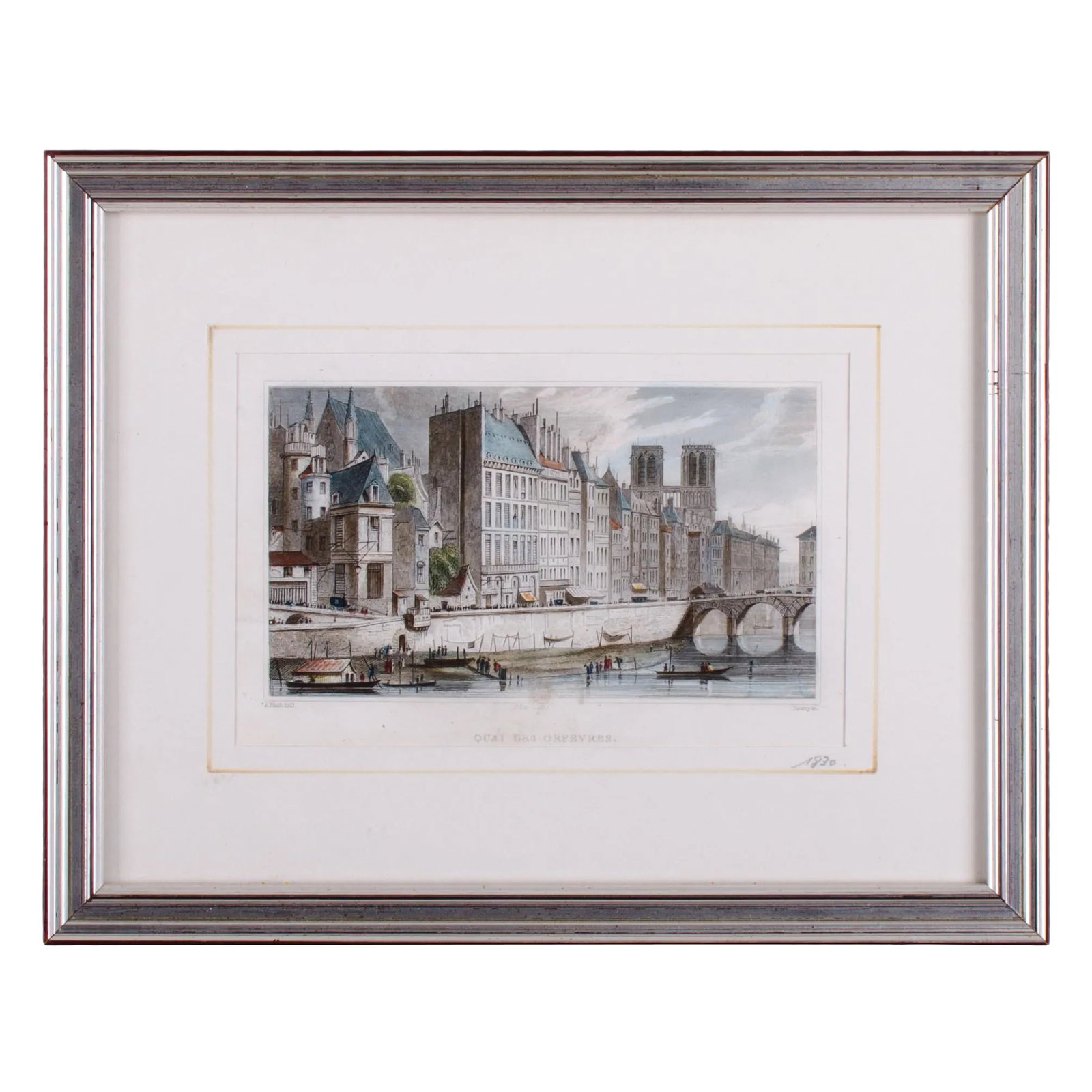 1830s French Original Print, Quai Des Orfevres, After Joseph Nash C.: Offered is a hand-colored framed antique steel engraving entitled Quai des Orfevres, depicting people and boats on the shores of le Seine with Notre Dame in the distance. The print is engraved by