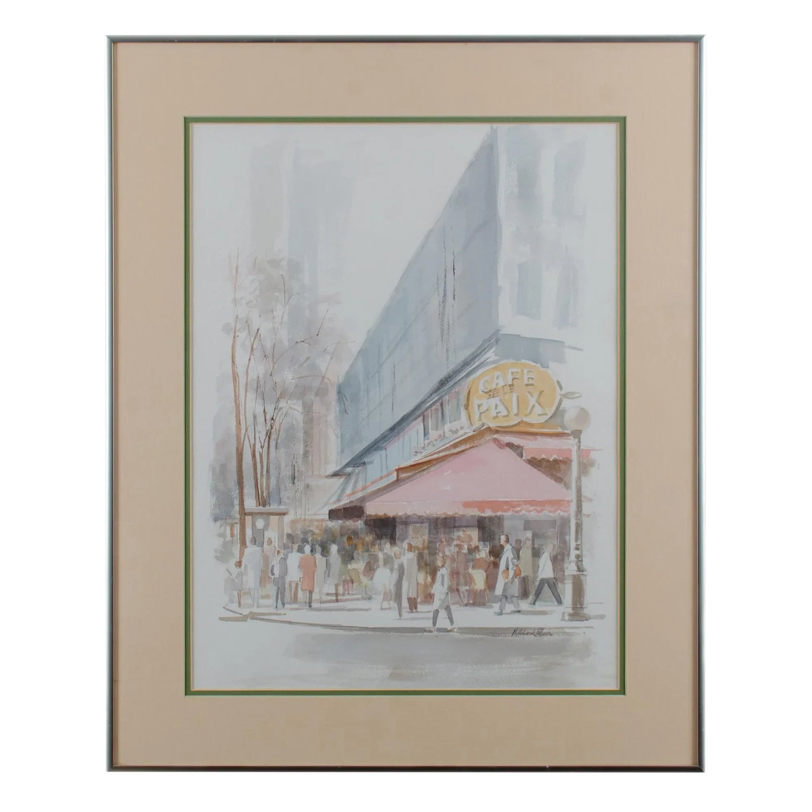 Vintage Mid-Century H. Richard Black Cafe De La Paix Watercolor Painting: H. Richard Black (1922 - 2014). Richard Black, a commercial artist who is known for illustrating the original Mr. Clean, Procter & Gamble's trademark "genie in a bottle" and Smokey the Bear. Cafe de