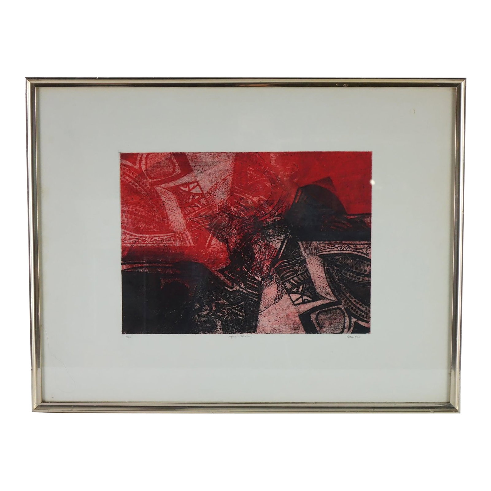 "Echoes of the Motherland" - African Shapes Lithograph Signed by Peter Nel: Striking and full of energy, this abstract lithograph by artist Peter Nel invites viewers into a dynamic visual world inspired by African forms and textures. Composed of deep reds, blacks, and muted p