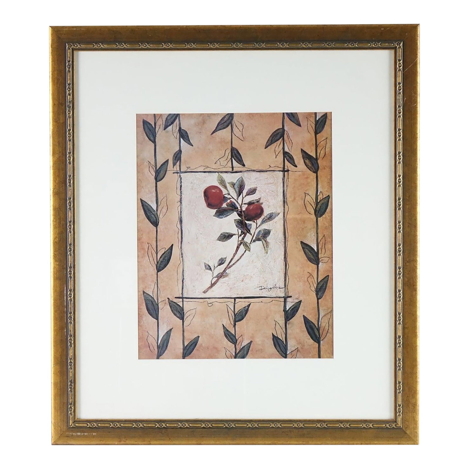 The Patterned Garden 2 - Print of Original Oil Pencil on Board Signed: This charming floral composition blends the warmth of folk art with the subtle precision of botanical illustration, presenting a balanced and intimate design. At the heart of the piece lies a