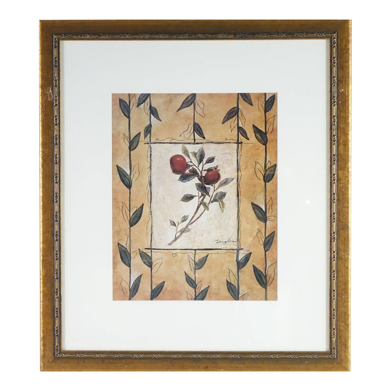The Patterned Garden 1 - Print of Original Oil Pencil on Board Signed: This charming floral composition blends the warmth of folk art with the subtle precision of botanical illustration, presenting a balanced and intimate design. At the heart of the piece lies a