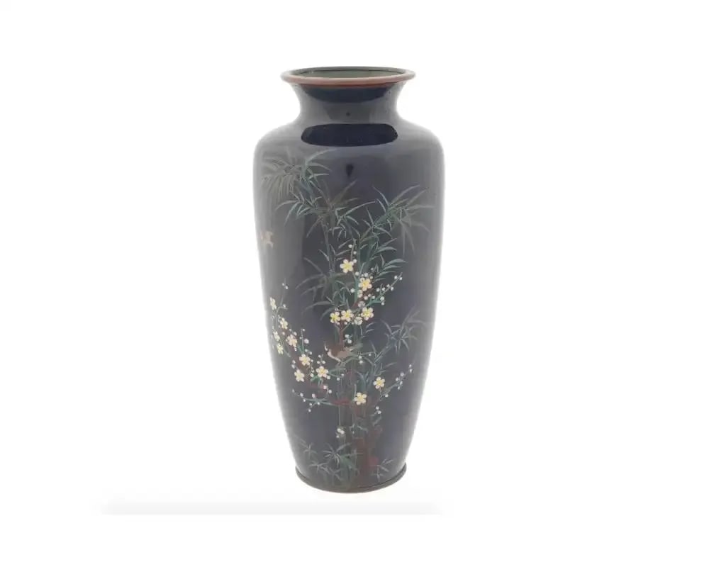 Antique Meiji Japanese Cloisonne Enamel Vase Bamboo and Birds - 2