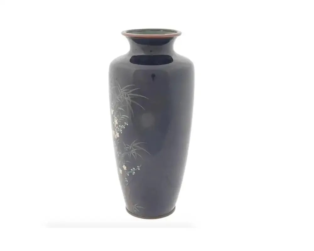 Antique Meiji Japanese Cloisonne Enamel Vase Bamboo and Birds - 3