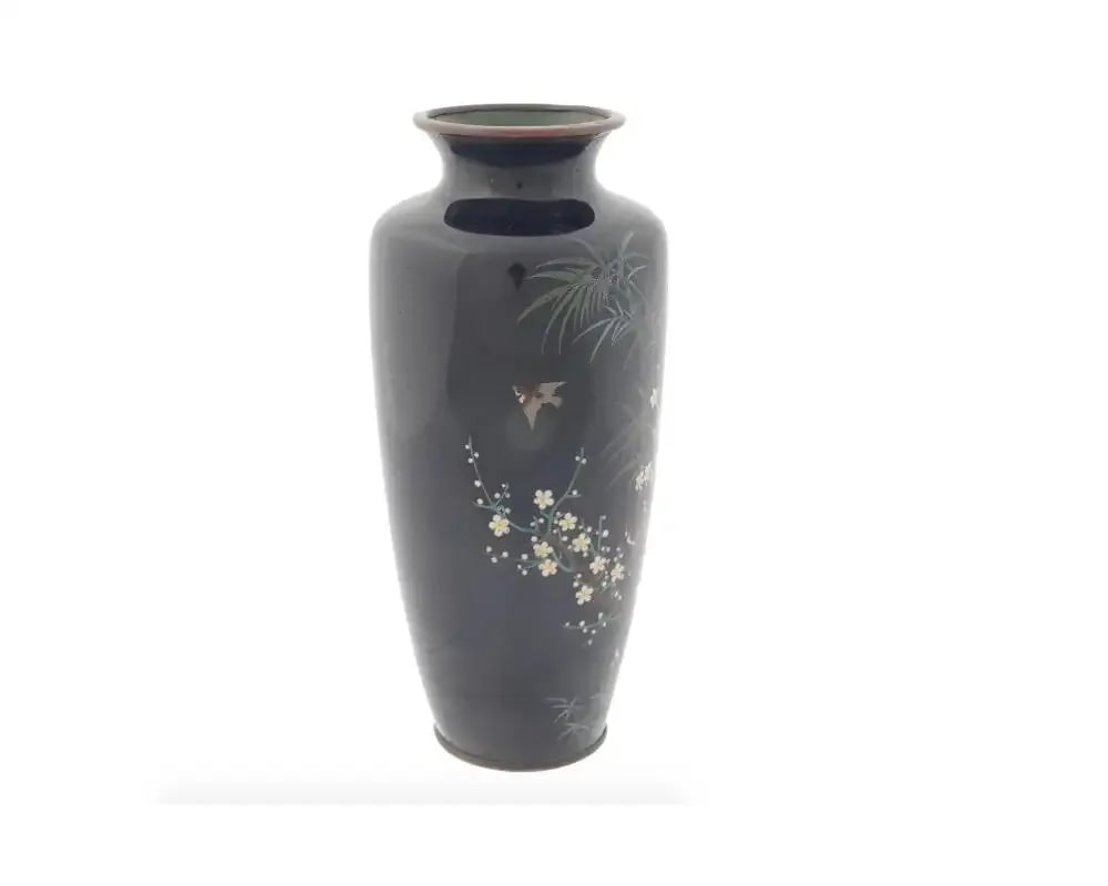 Antique Meiji Japanese Cloisonne Enamel Vase Bamboo and Birds - 4