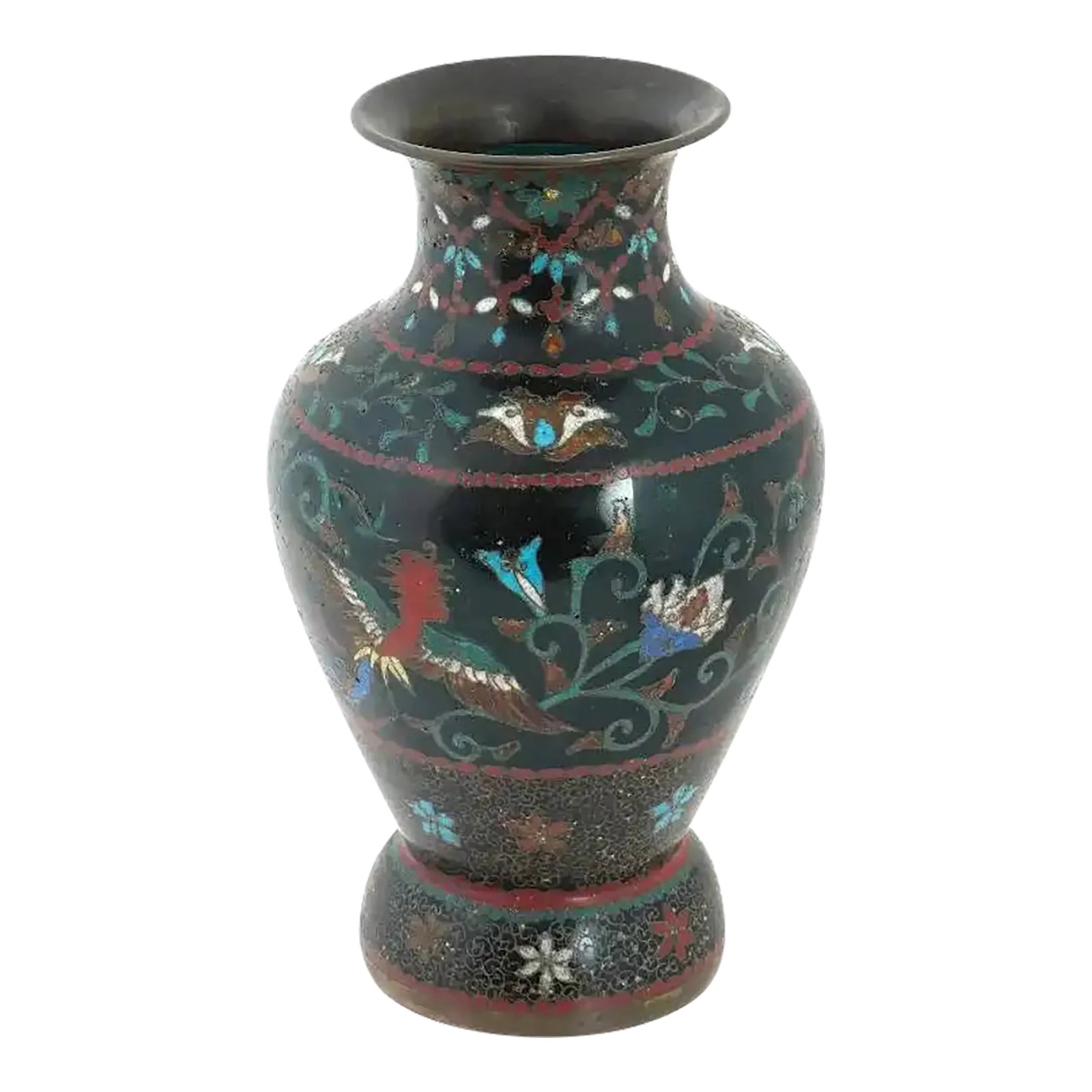 Antique Early Meiji Japanese Cloisonne Vase in the Style of Namikawa: An antique Japanese early Meiji period cloisonne vase, attributed to the master artisan Namikawa Yasuyuki. Boasts a striking baluster shape adorned with phoenix birds, intricate foliage, and delicate 