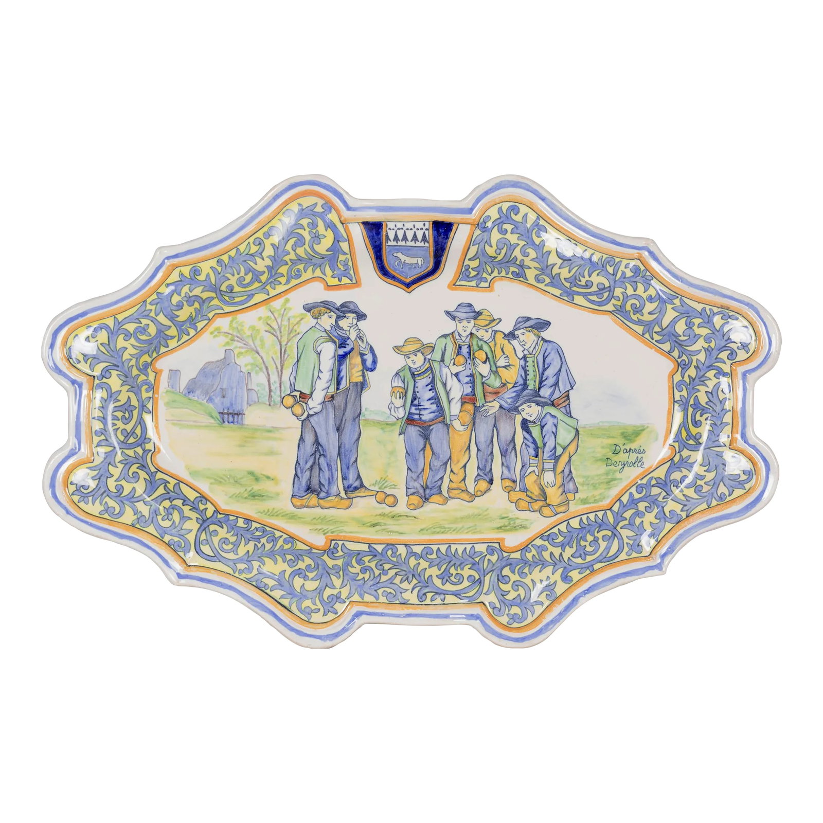19th Century French Porquier Beau Quimper Faience Platter: A 19th Century French Porquier Beau Quimper faience decorative oblong oval platter, hand painted with men playing petanque. D'apres Deyrolle. Wide light blue foliate border with Quimper crest. Mark