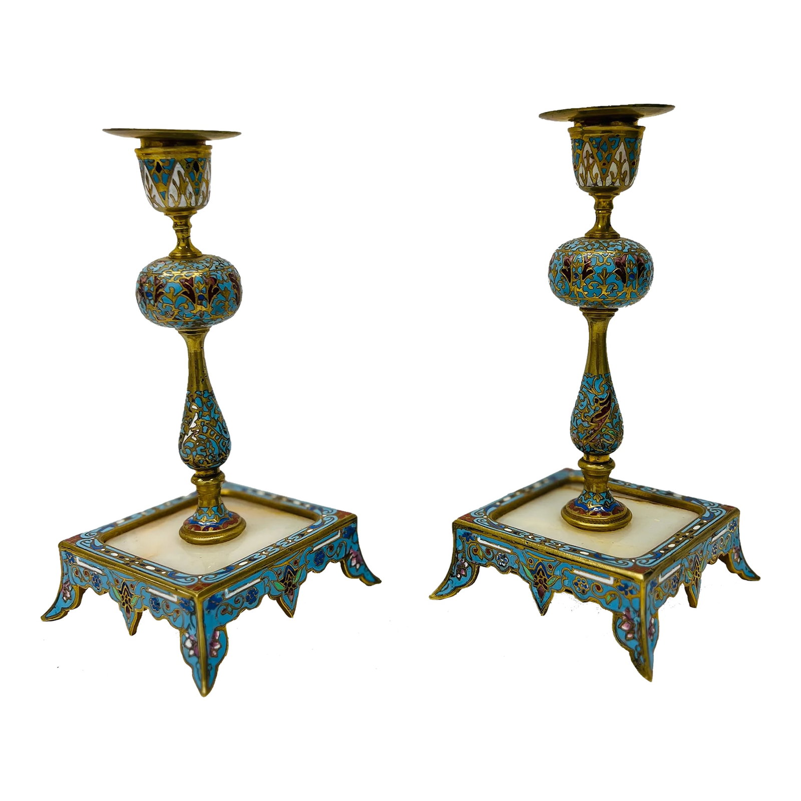 Pair, 19th Century French Gilt Bronze, Cloisonne & Onyx Candlesticks: This exquisite pair of 19th-century French candlesticks combines the luxurious materials of gilt bronze, cloisonne enamel, and onyx to create a stunning display of opulence and craftsmanship. The