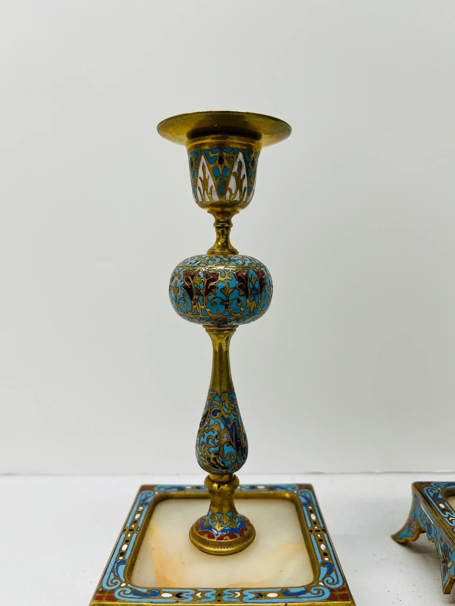 Pair, 19th Century French Gilt Bronze, Cloisonne & Onyx Candlesticks - 2