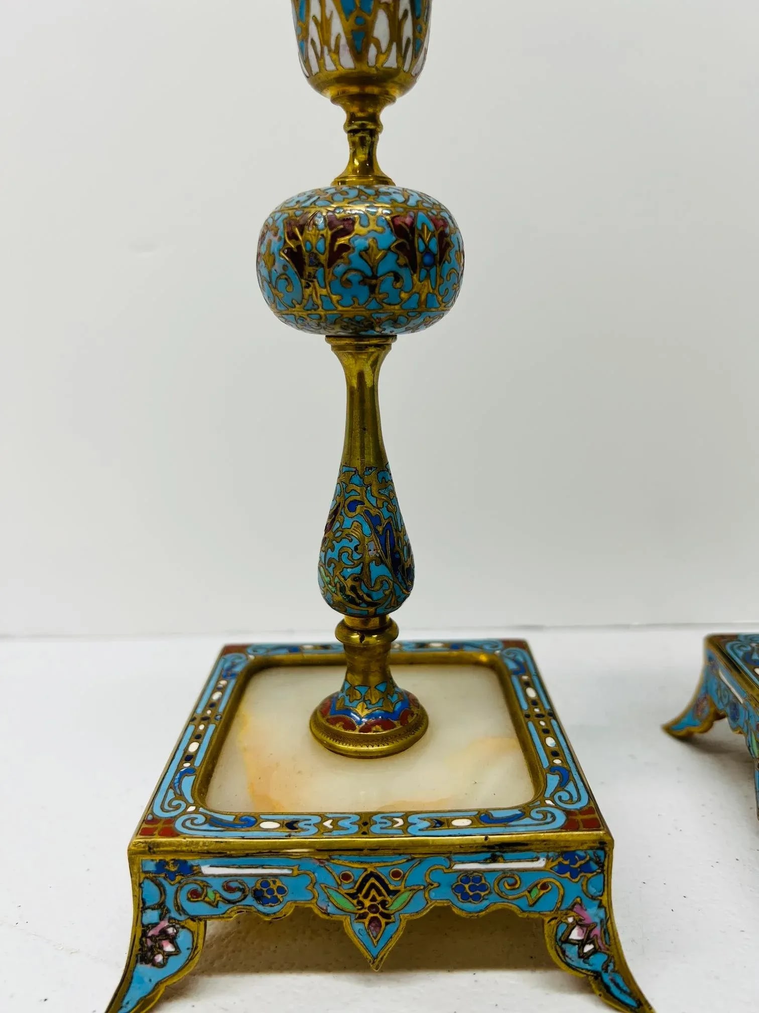Pair, 19th Century French Gilt Bronze, Cloisonne & Onyx Candlesticks - 3