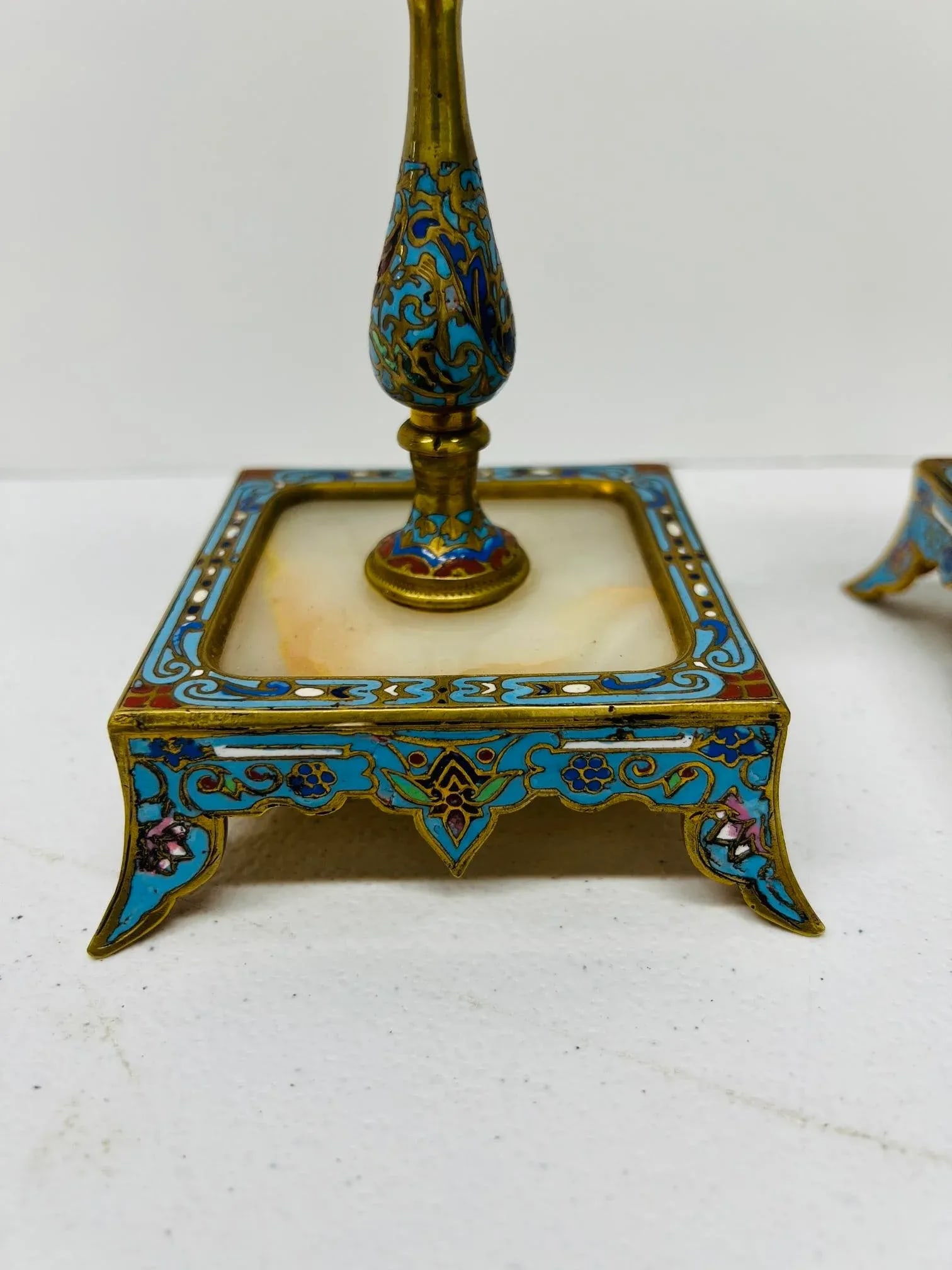 Pair, 19th Century French Gilt Bronze, Cloisonne & Onyx Candlesticks - 4