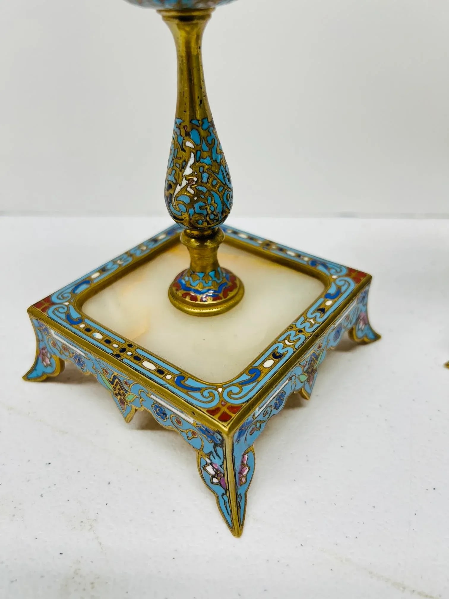 Pair, 19th Century French Gilt Bronze, Cloisonne & Onyx Candlesticks - 5
