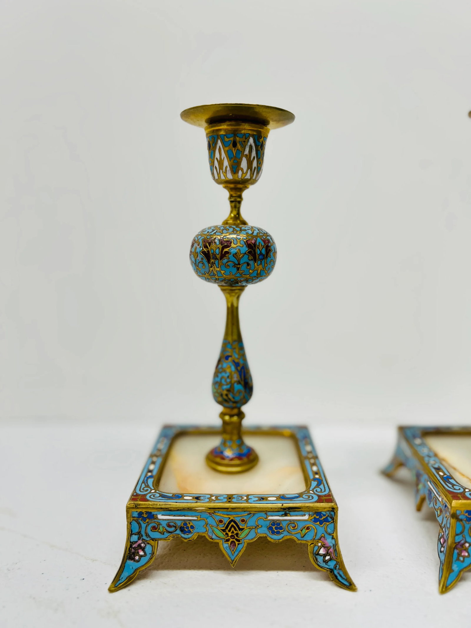 Pair, 19th Century French Gilt Bronze, Cloisonne & Onyx Candlesticks - 6