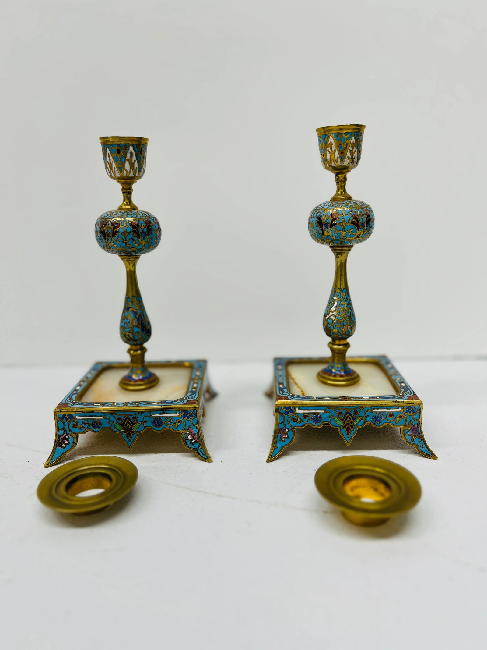 Pair, 19th Century French Gilt Bronze, Cloisonne & Onyx Candlesticks - 8