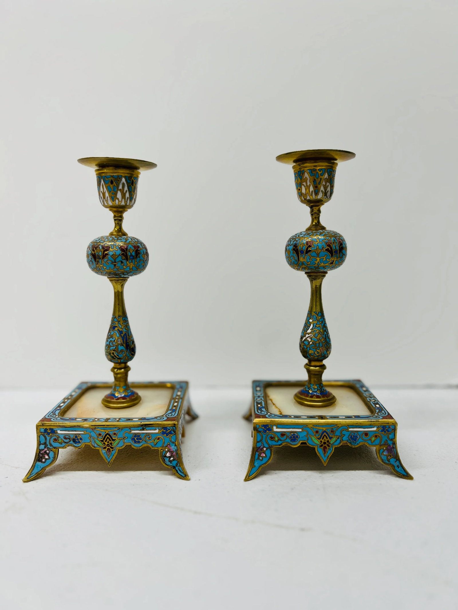 Pair, 19th Century French Gilt Bronze, Cloisonne & Onyx Candlesticks - 9